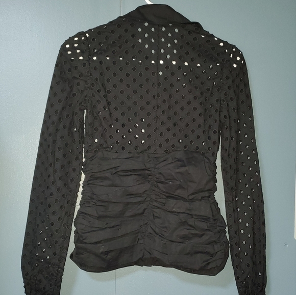 Long Sleeve Black Buttondown with Mesh Eyelet Cut Top 4 Petite - Picture 2 of 12